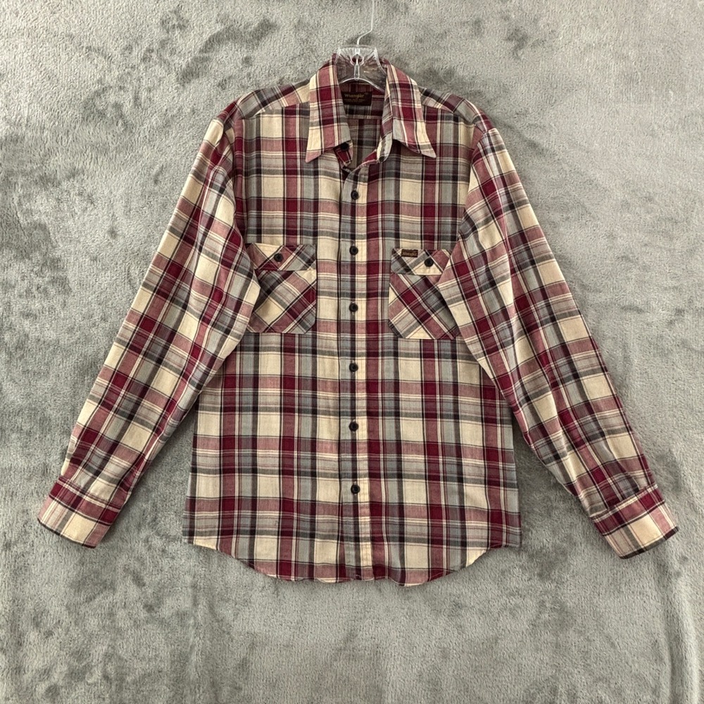 Vintage Wrangler Plaid Button Up Shirt Mens‎ M Red Tan Long Sleeve USA Made